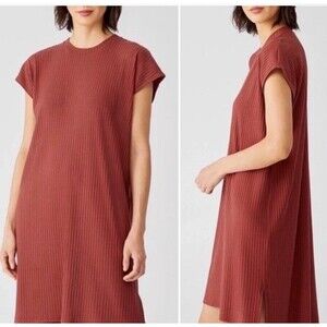 Eileen Fisher Size Large Wide Rib Stretch Dress Cinnamon Brown Lagenlook Fall